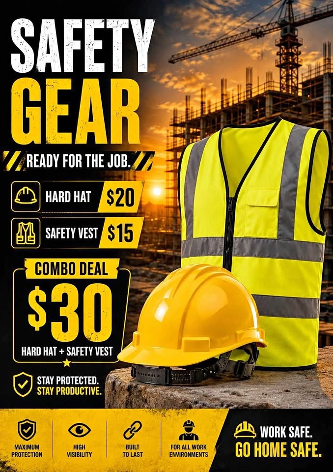 🦺 Safety Gear – Hard Hat & Safety Vest – $30 Combo