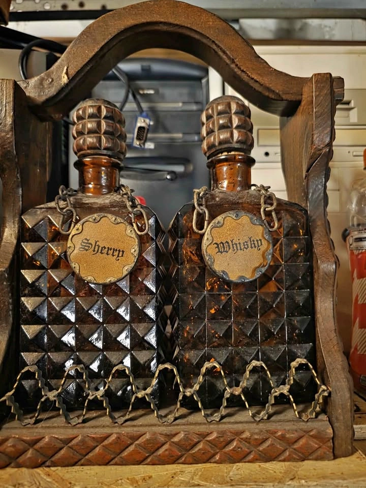 Vintage Wood Tantalus with Sherry and Whisky Decanters