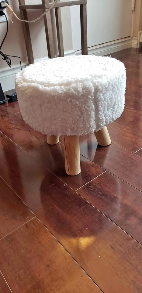 White Faux Fur Small Stool with Wooden Legs