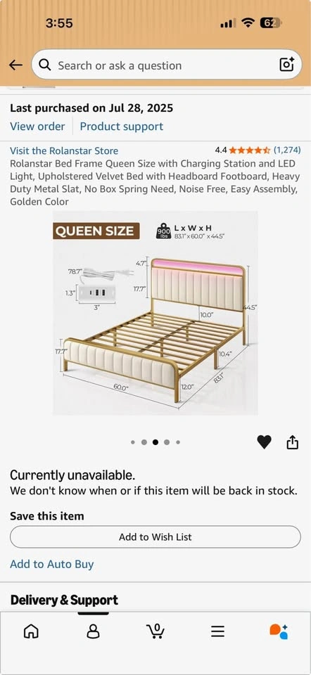 Queen Bed frame with fabric headboard and electrical - photo 2