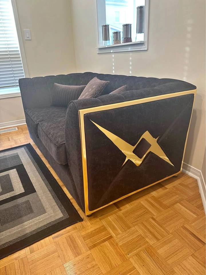 Modern Charcoal Grey Channel Tufted Loveseat with Gold Accents