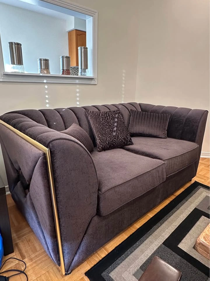 Modern Charcoal Grey Channel Tufted Loveseat with Gold Accents - photo 3