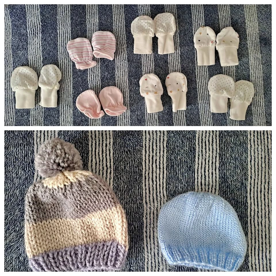 NEW Newborn hats and like-new mittens