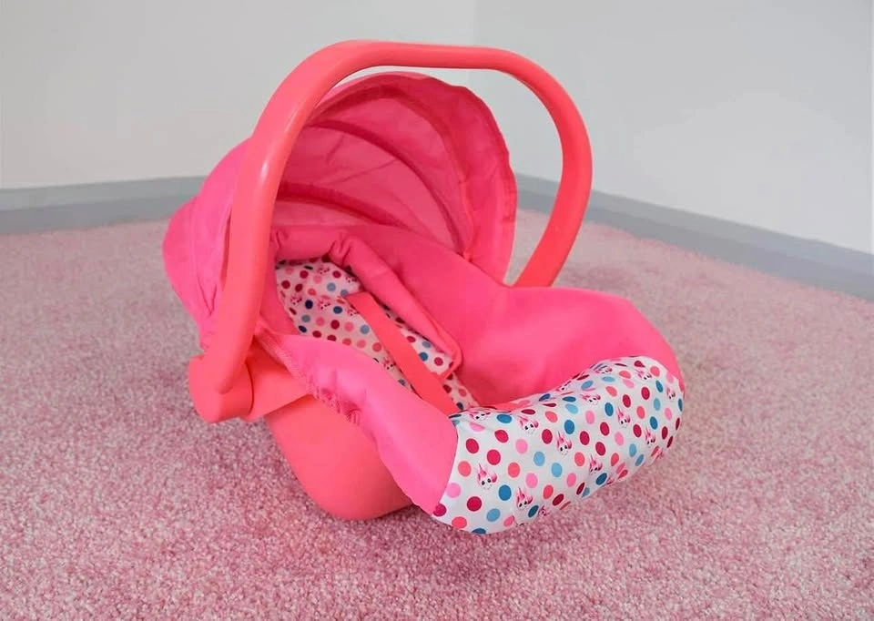 Baby doll car seat and carrier, adjustable handle, canopy