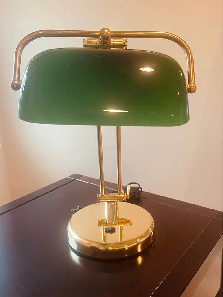 Vintage Emeraldlite Bottle Green Glass Brass Bankers Lamp - photo 5