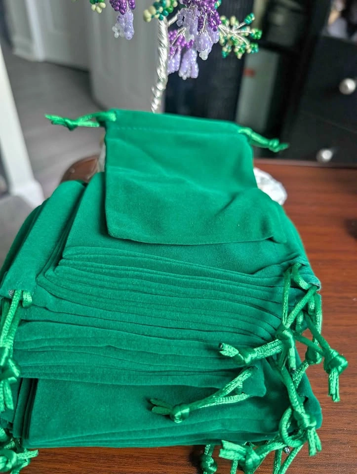 5 Green Velvet Drawstring Pouches 4x5 Inch