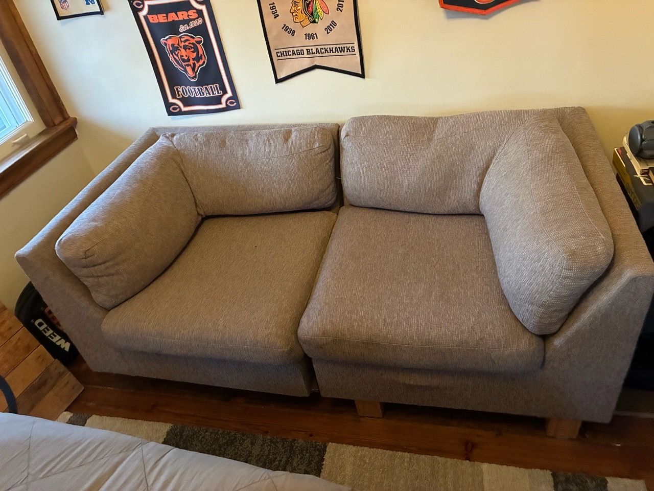 Gray Fabric Two-Seat Sofa with Wood Legs