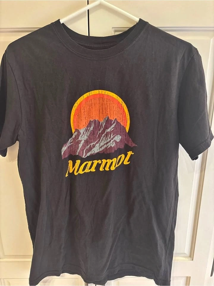 Marmot mens Black Graphic Tee with Sunset Mountain Print med