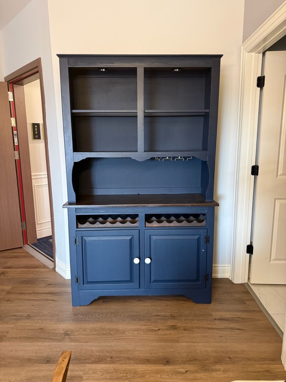 Dark Blue Hutch w/ Wine Bottle & Glasses Holder