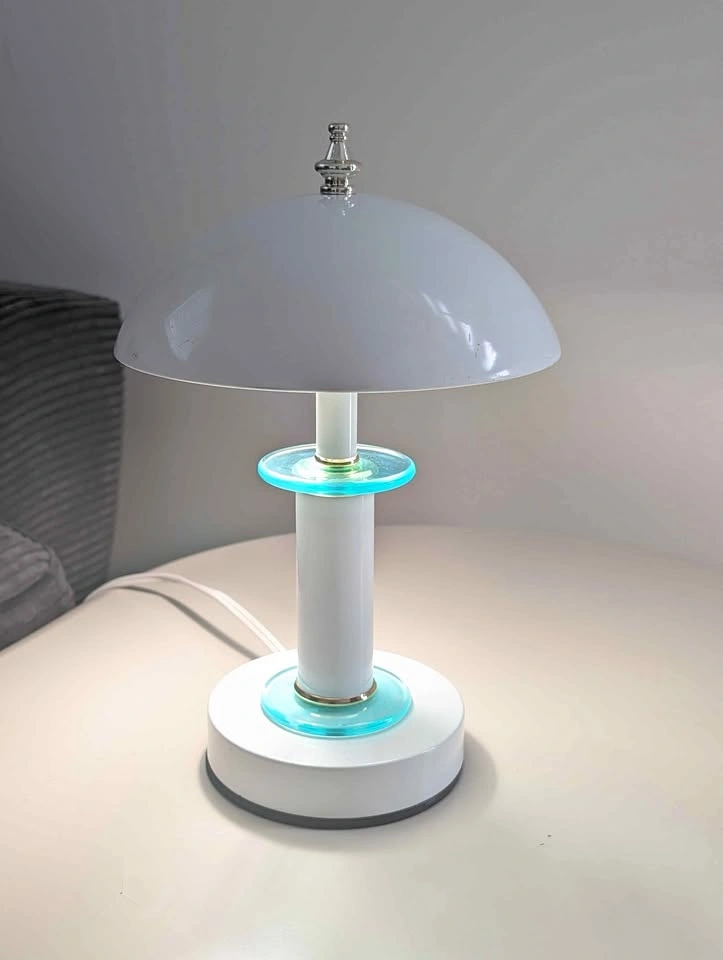 Vintage White Mushroom Table Lamp with Blue Glass Accents