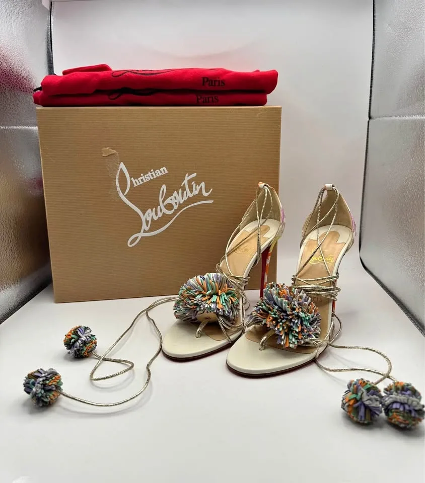 Christian Louboutin Mexicaba Pom-Pom Lace-Up Sandals 36.5