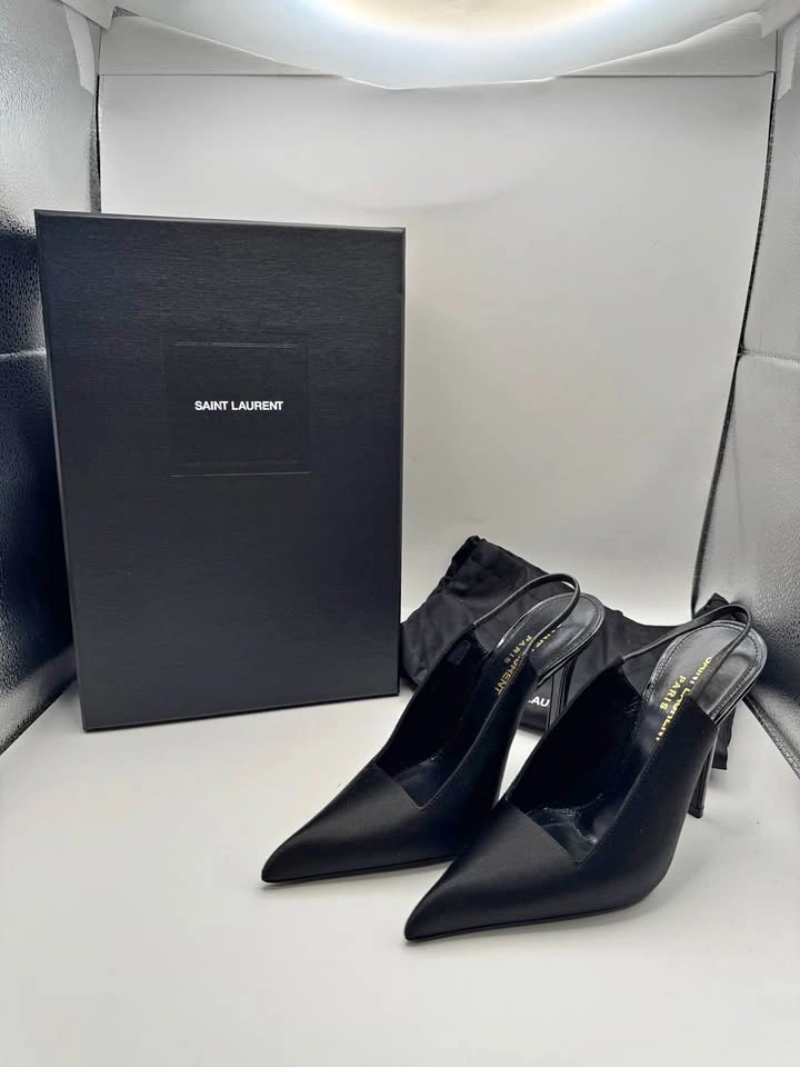 Saint Laurent Raven 110 Black Satin Slingback Pumps – Size 34