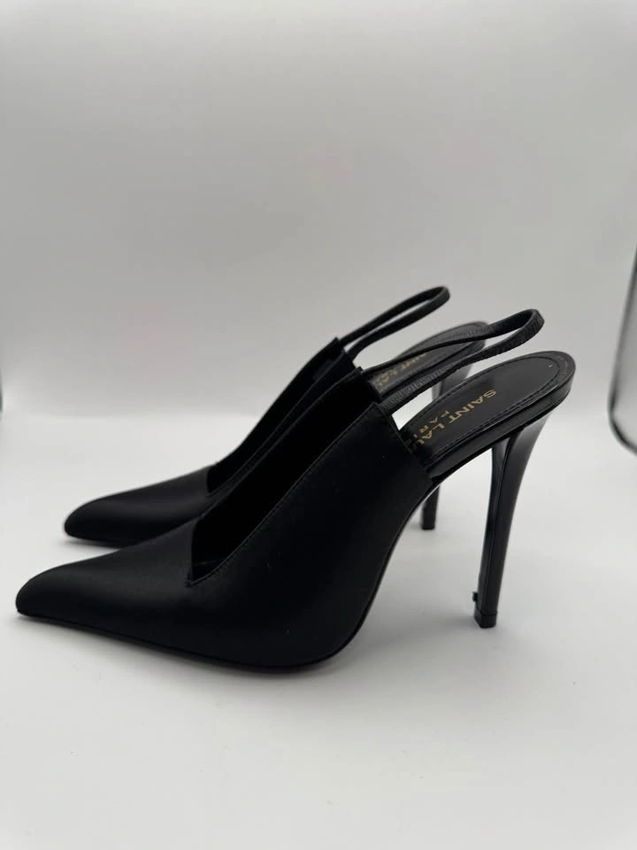 Saint Laurent Raven 110 Black Satin Slingback Pumps – Size 34 - photo 3
