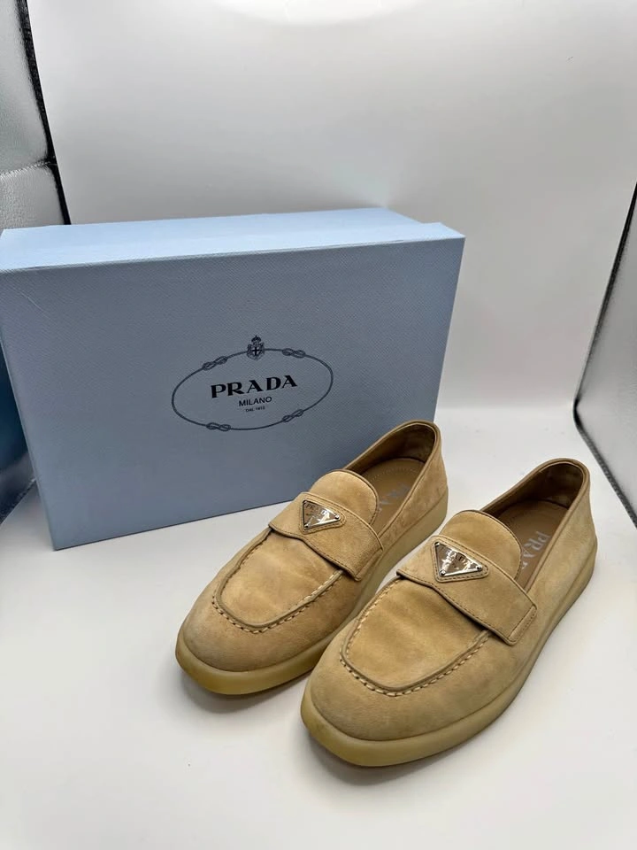 Prada Beige Suede Triangle Logo Loafers Size 36.5 EU w/ Box