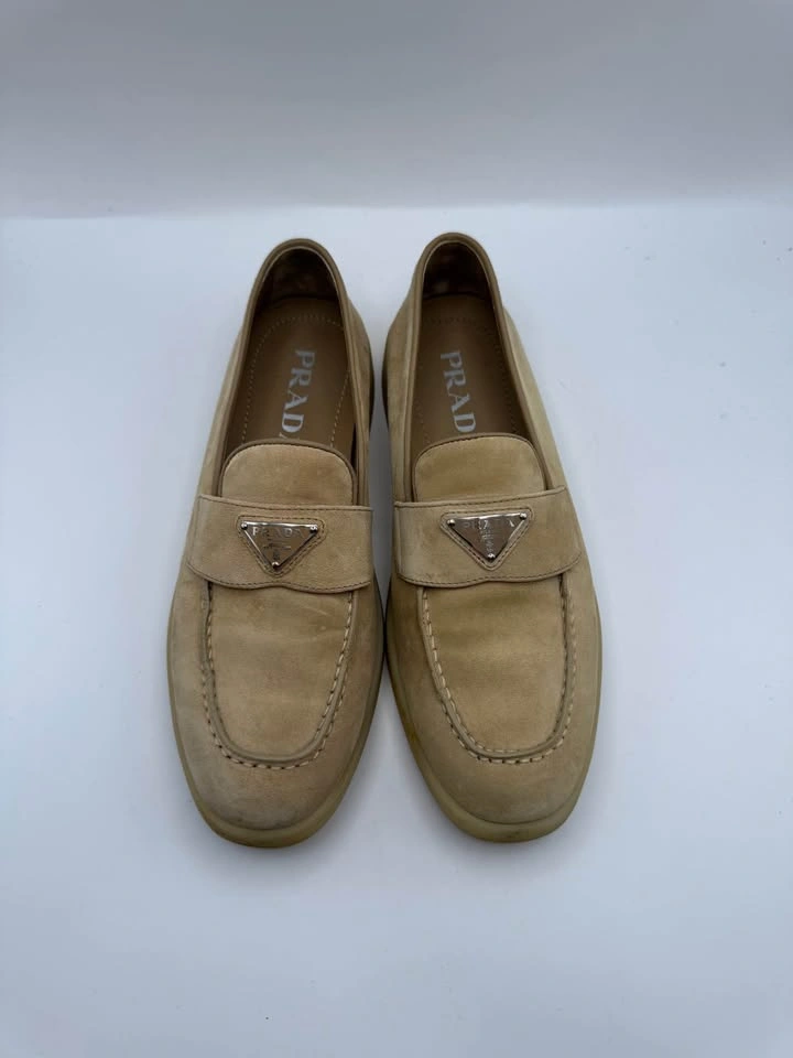 Prada Beige Suede Triangle Logo Loafers Size 36.5 EU w/ Box - photo 2
