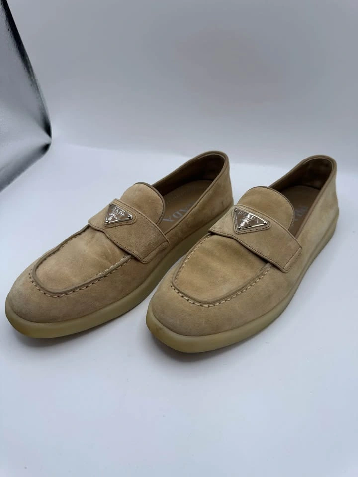 Prada Beige Suede Triangle Logo Loafers Size 36.5 EU w/ Box - photo 3
