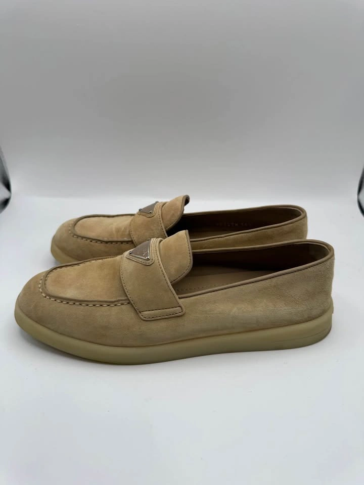 Prada Beige Suede Triangle Logo Loafers Size 36.5 EU w/ Box - photo 4