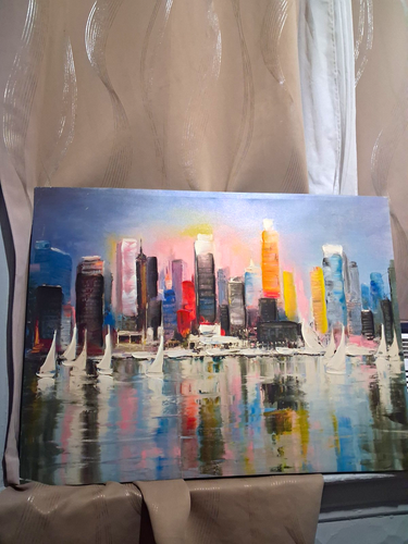 Abstract Cityscape Skyline Harbor Sailboats Canvas Painting