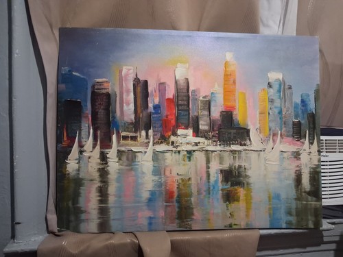 Abstract Cityscape Skyline Harbor Sailboats Canvas Painting - photo 2