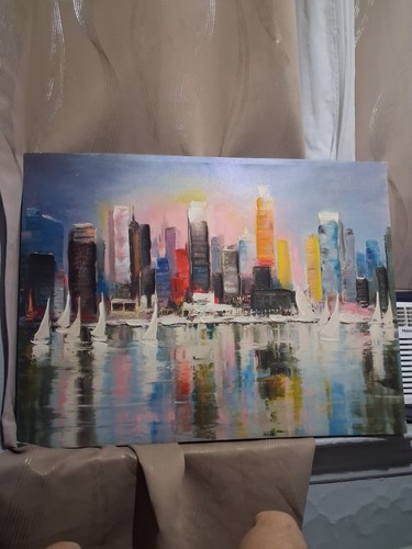 Abstract Cityscape Skyline Harbor Sailboats Canvas Painting - photo 3