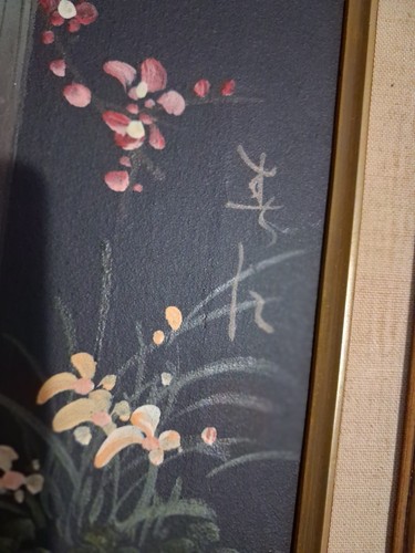 Vintage Mid-Century Asian Maiden Oil Painting on Black Canvas - photo 3