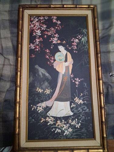 Vintage Mid-Century Asian Maiden Oil Painting on Black Canvas - photo 4