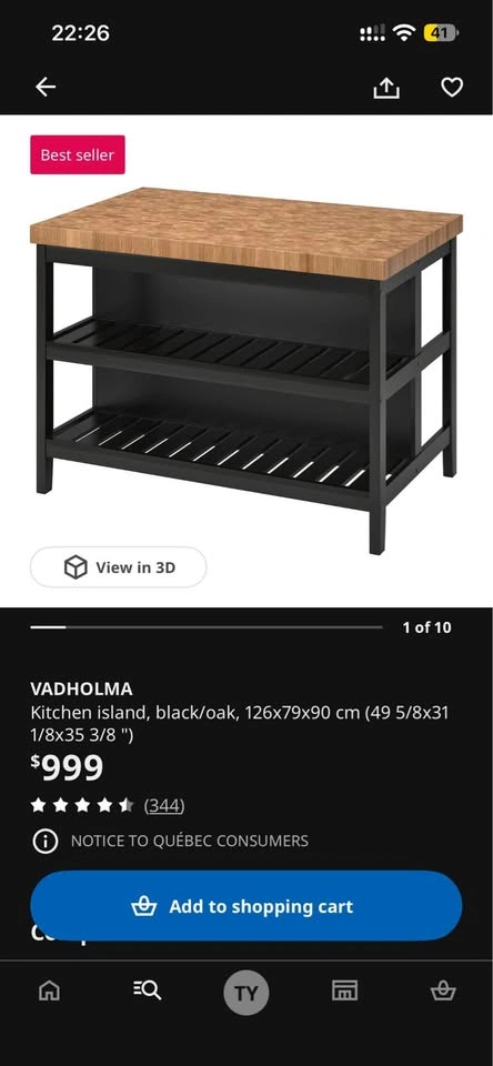 Ikea Vadholma Kitchen Island + 2 Wood Bar Stools