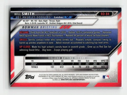 2016 Bowman Draft Will Smith Auto Los Angeles Dodgers #BD-84 1st - photo 2