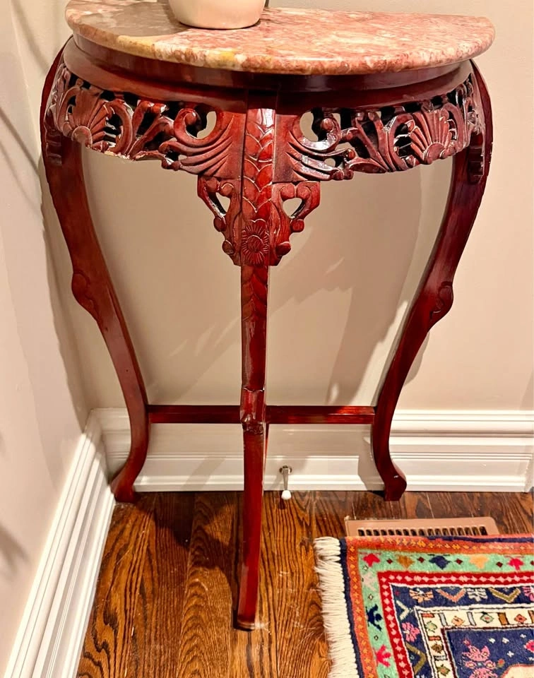 Vintage Chinese Carved Wood Demilune Console Table with Marble T