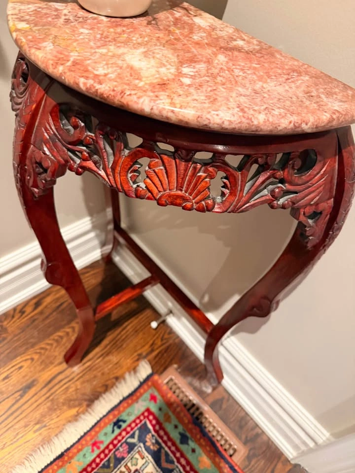 Vintage Chinese Carved Wood Demilune Console Table with Marble T - photo 2