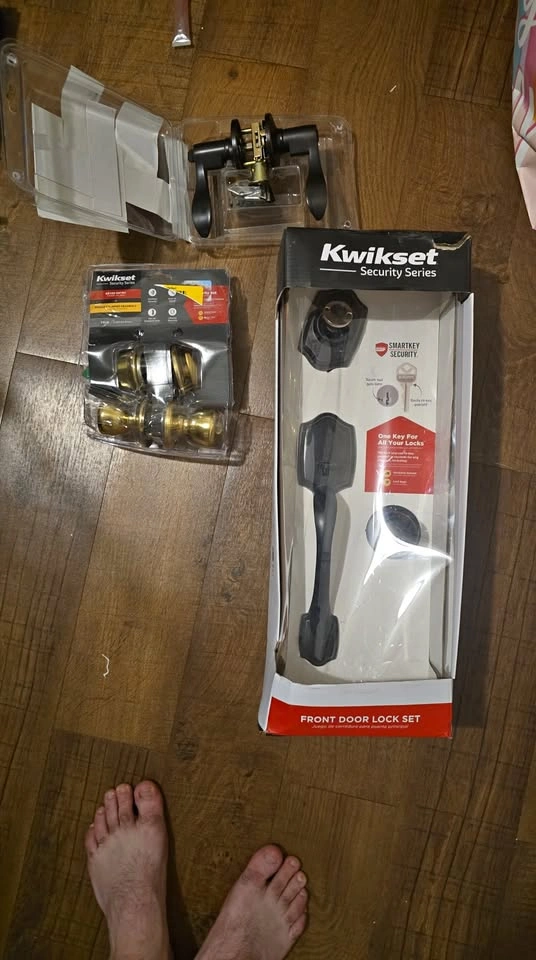 Kwikset Black Front Door Lock Set, Black Lever Lock Set, Brass K