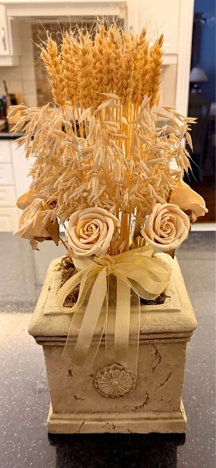 Dried Wheat and Rose Floral Arrangement in Stone Planter