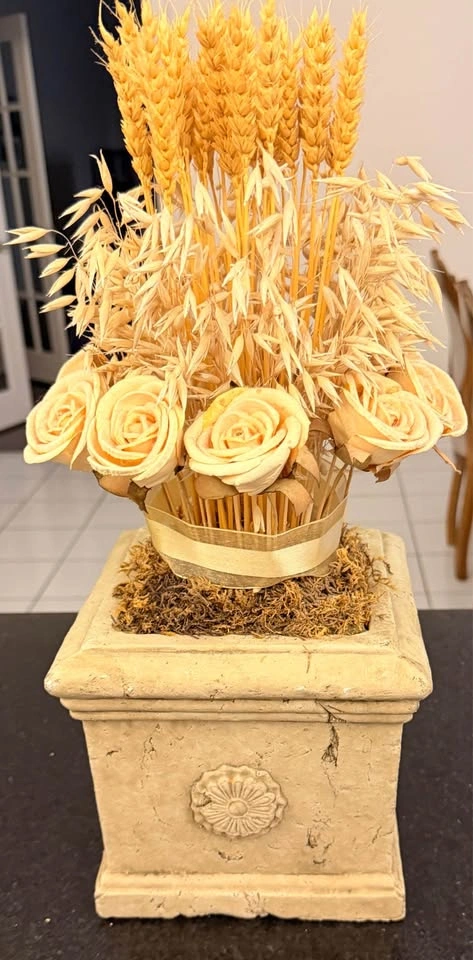 Dried Wheat and Rose Floral Arrangement in Stone Planter - photo 2