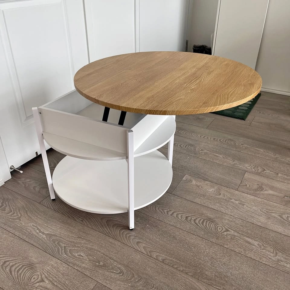 Round Lift-Top Coffee Table with Storage – White/Oak Look