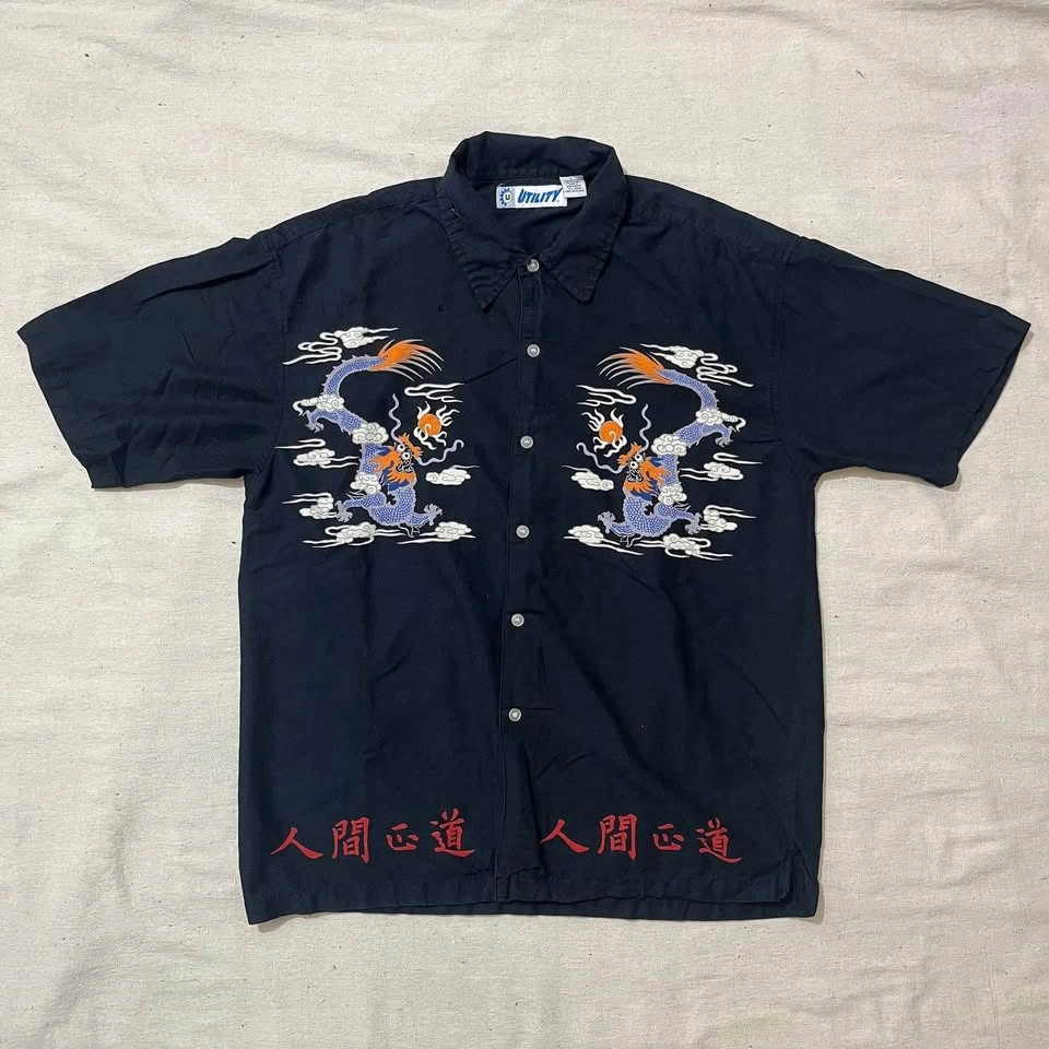 Vintage 00s Y2K Utility Chinese Dragon Button Down Shirt Large