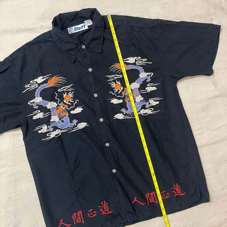 Vintage 00s Y2K Utility Chinese Dragon Button Down Shirt Large - photo 2