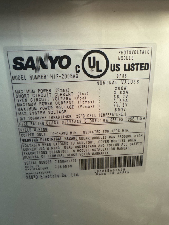 Sanyo Photovoltaic Module - HIP-200BA3 - photo 2