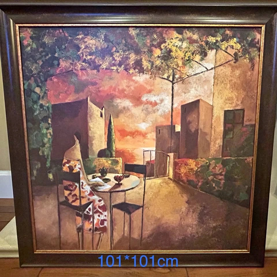 Large Framed Painting Outdoor Cafe Scene 101x101cm