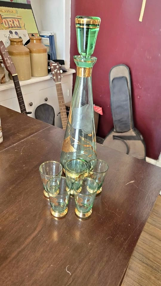 Vintage Green Gold Flower Glass Decanter and Shot Glasses