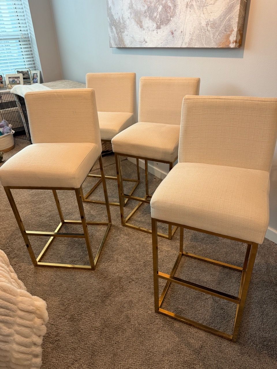 Set of 4 Upholstered Bar Stools with Gold Frames