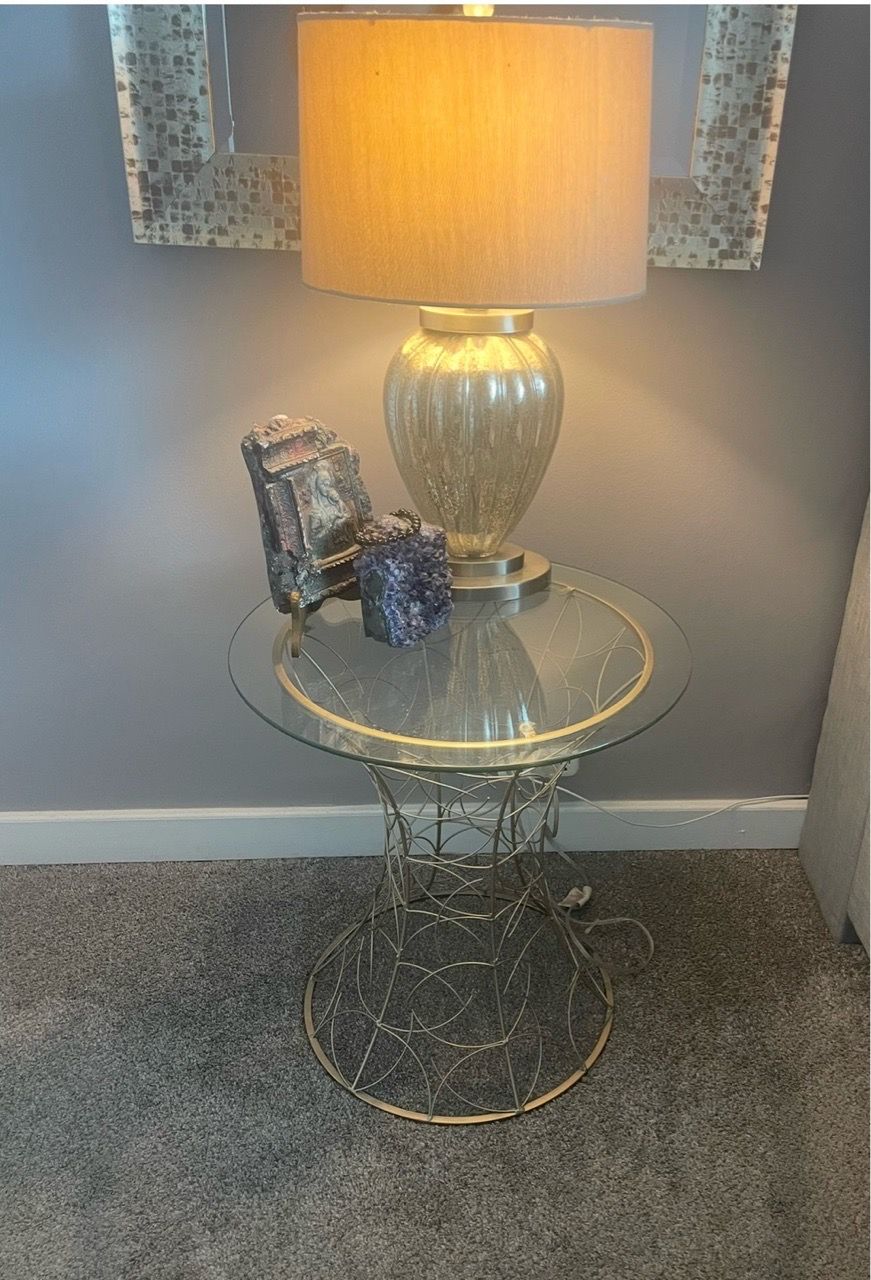 Round Glass Top Side Table with Wire Base