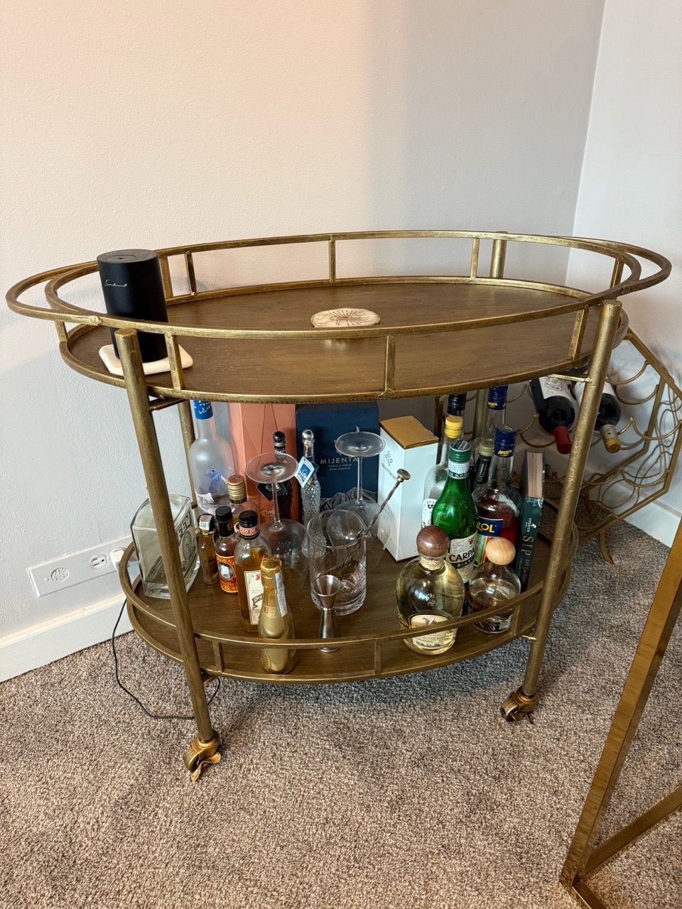 Gold Oval Bar Cart with Casters & Wine Rack