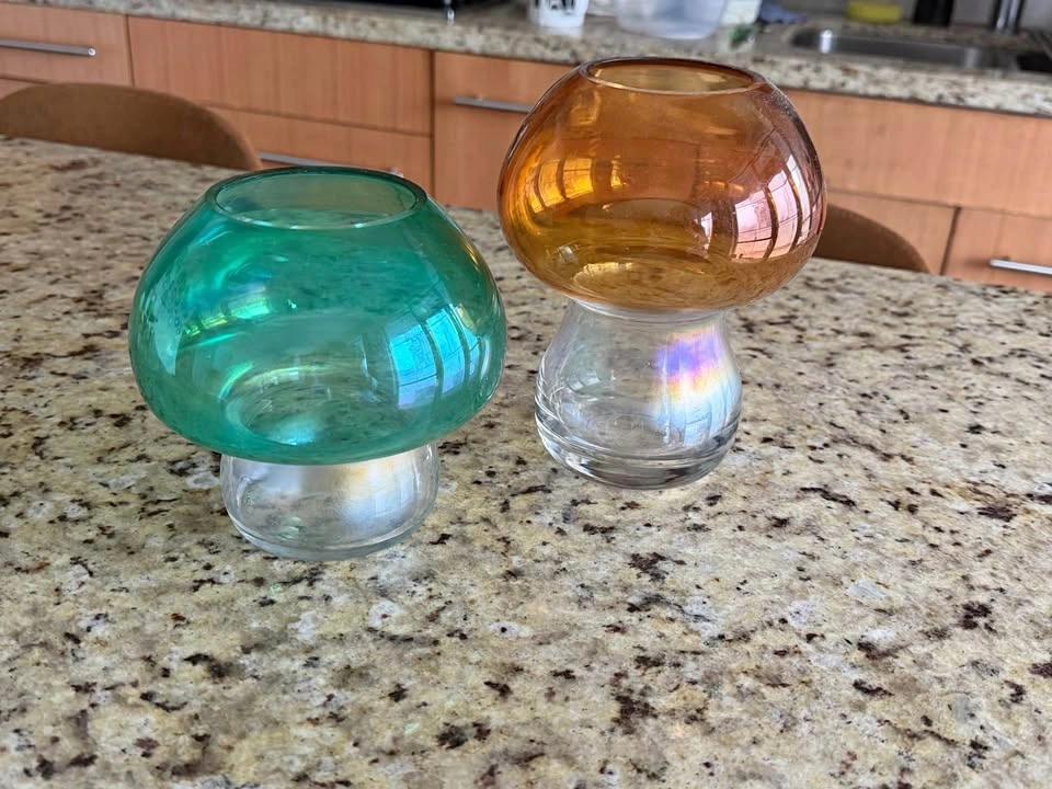Set of 2 Vintage Mushroom Glass Vases / Candle Holders