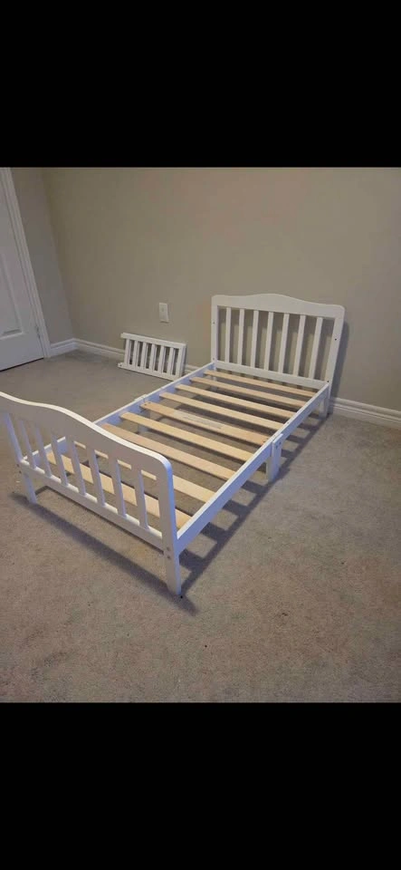 White Wooden Toddler Bed and Mattress