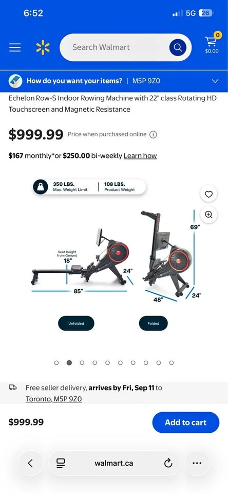 Echelon Row-S Indoor Rowing Machine with 22" HD Touchscreen