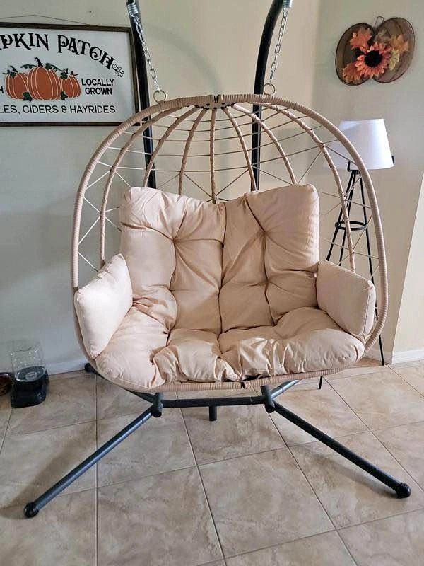 (can deliver) 2-Person Hanging Egg Swing Chair – Beige