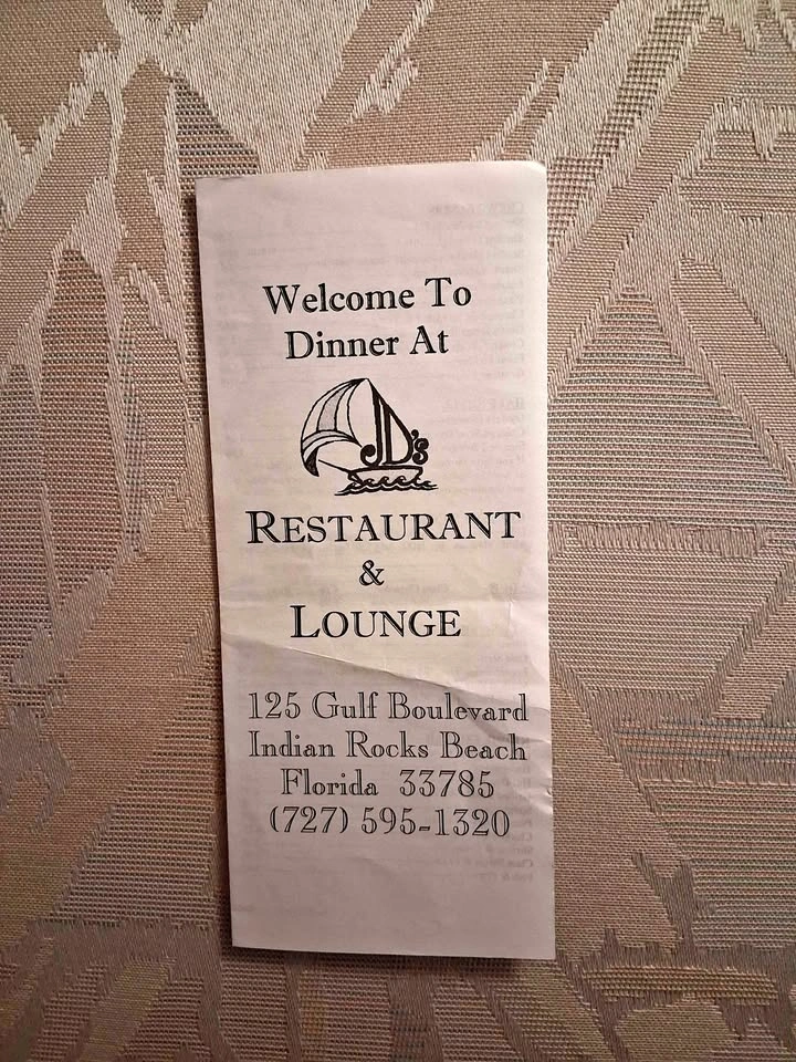 Vintage 1988 J.D.'s Restaurant & Lounge menu Indian Rocks Beach