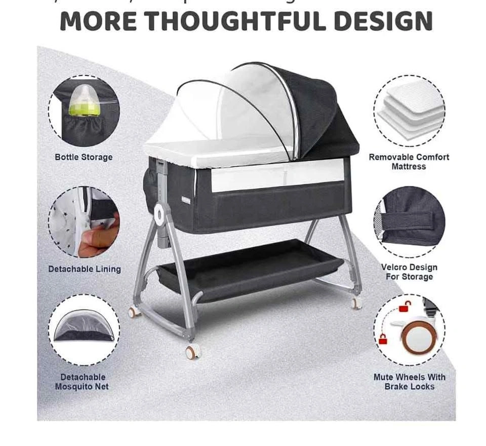3-in-1 Bedside Bassinet with 4 Auto-Locks & 6 Height Adjustments