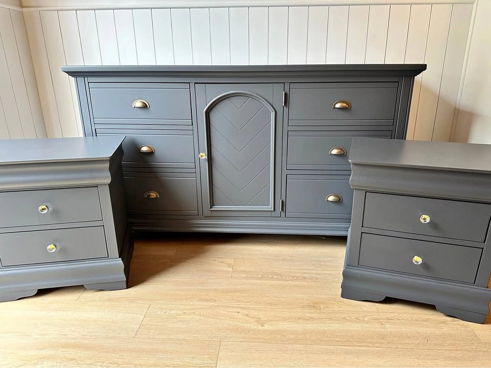 3-Piece Refurbished Bedroom Set | Midnight Grey + Antique Brass