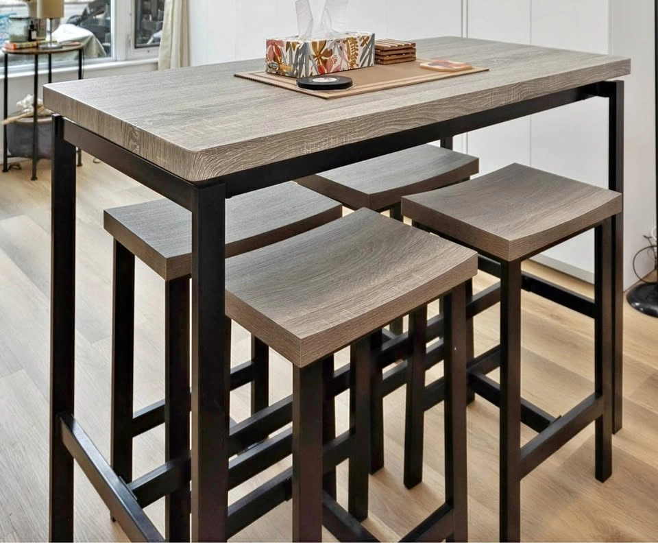 5-Piece Grey Wood and Black Metal Bar Table Set with 4 Stools